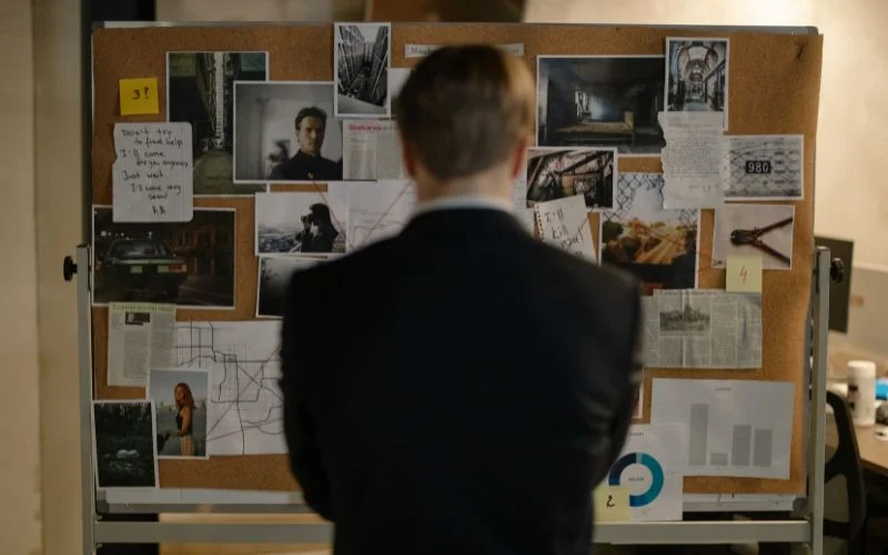 a-private-detective-in-a-suit-looking-at-a-bulletin-board